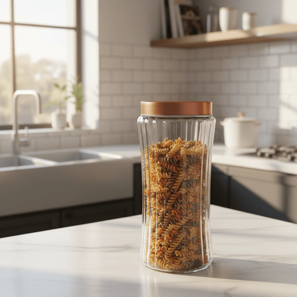 Hamid Ribbed Glass Canister with Rose Gold Metal Lid | 2 Litre | Airtight Storage Jar - Image 2
