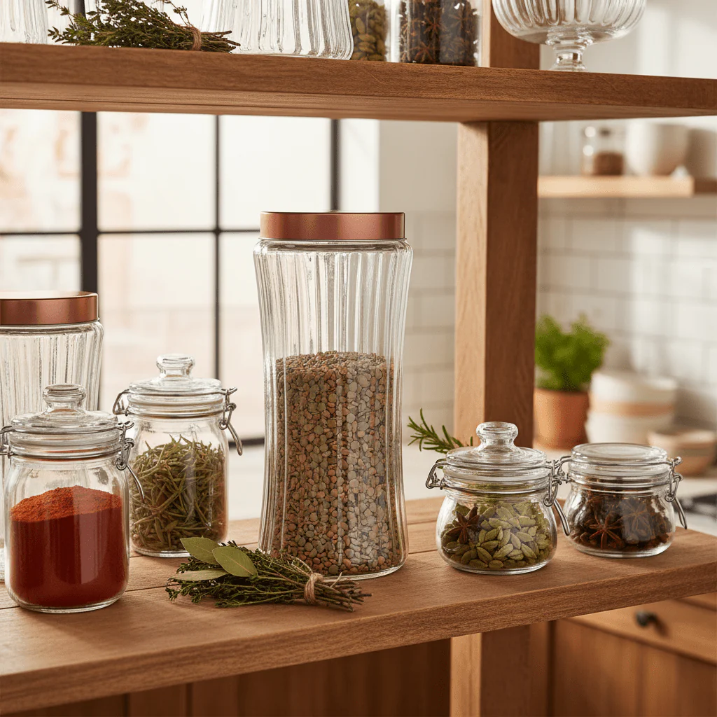 Hamid Ribbed Glass Canister with Rose Gold Metal Lid | 2 Litre | Airtight Storage Jar - Image 3