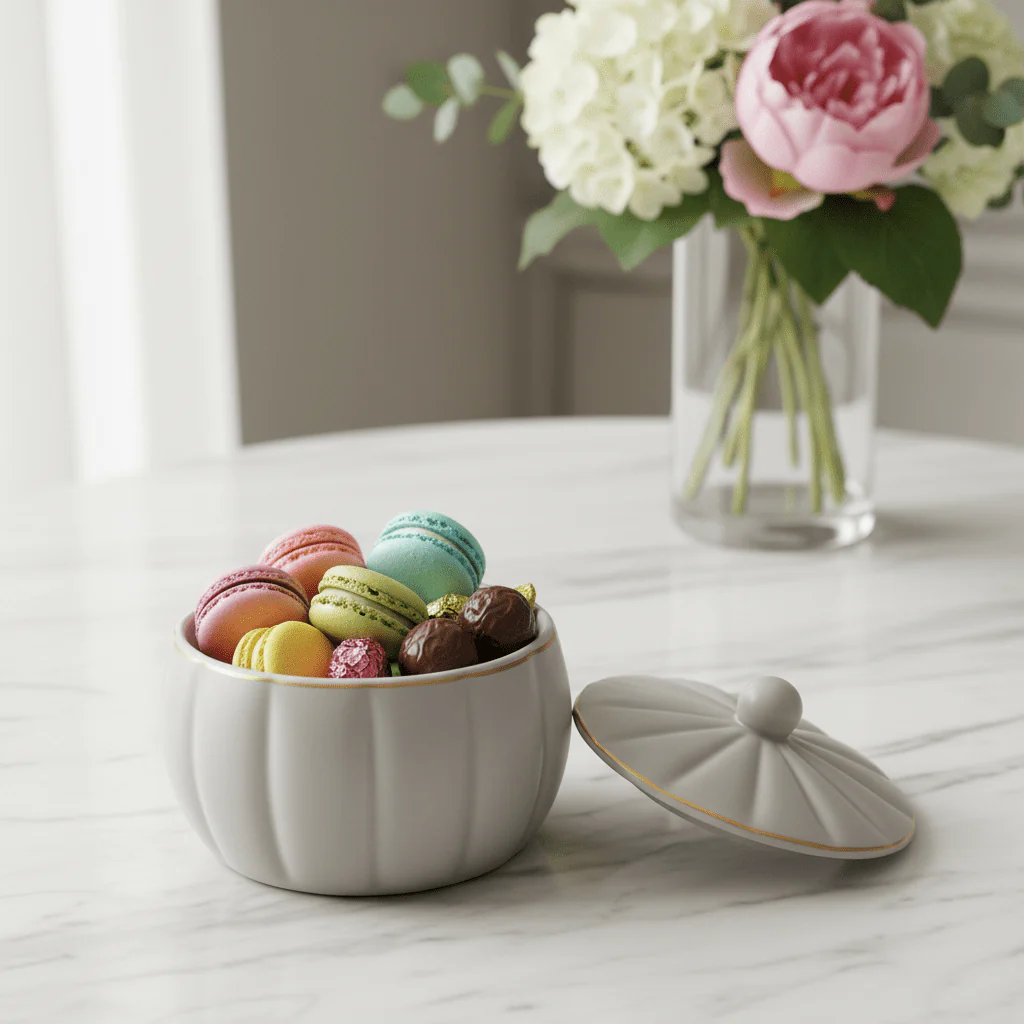 Hamid Grey Ceramic Candy Bowl with Lid | 3.5 Inch | Gold Rim Accent - Image 2