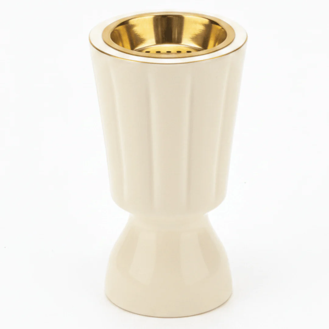 Hamid Ceramic Incense Burner | Ribbed Hourglass Design with Gold Insert | 17cm | Off-White & Beige