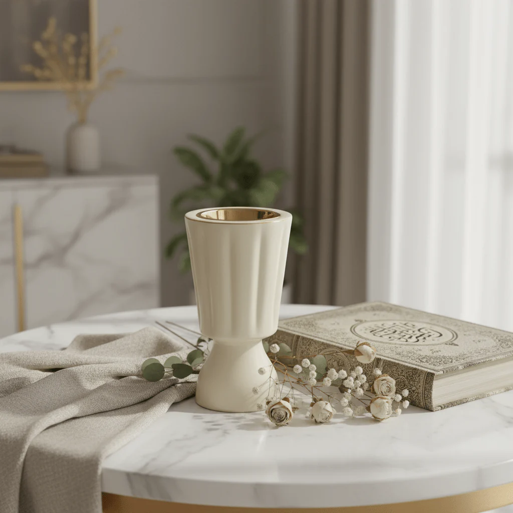 Hamid Ceramic Incense Burner | Ribbed Hourglass Design with Gold Insert | 17cm | Off-White & Beige - Image 3