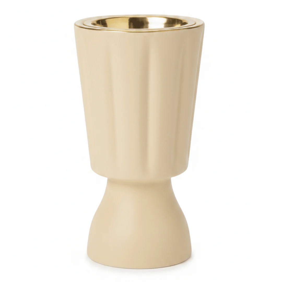Hamid Ceramic Incense Burner | Ribbed Hourglass Design with Gold Insert | 17cm | Off-White & Beige - Image 4