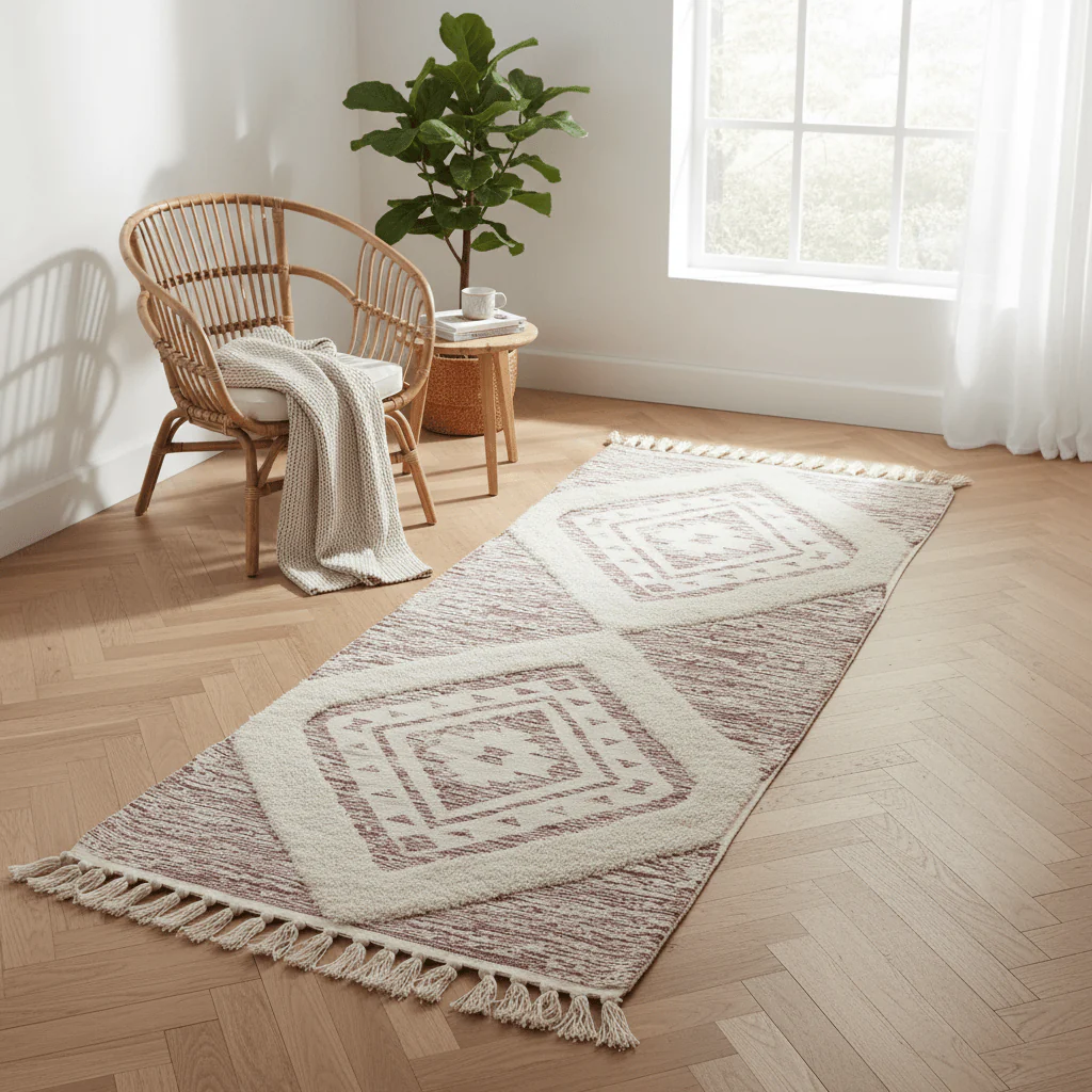 Handcrafted Boho Moroccan Diamond Geometric Runner Carpet | 50% Cotton 50% Polyester | 60×180cm | Cream & Dusty Rose | Tasseled Fringe | Living Room, Bedroom & Hallway - Image 2