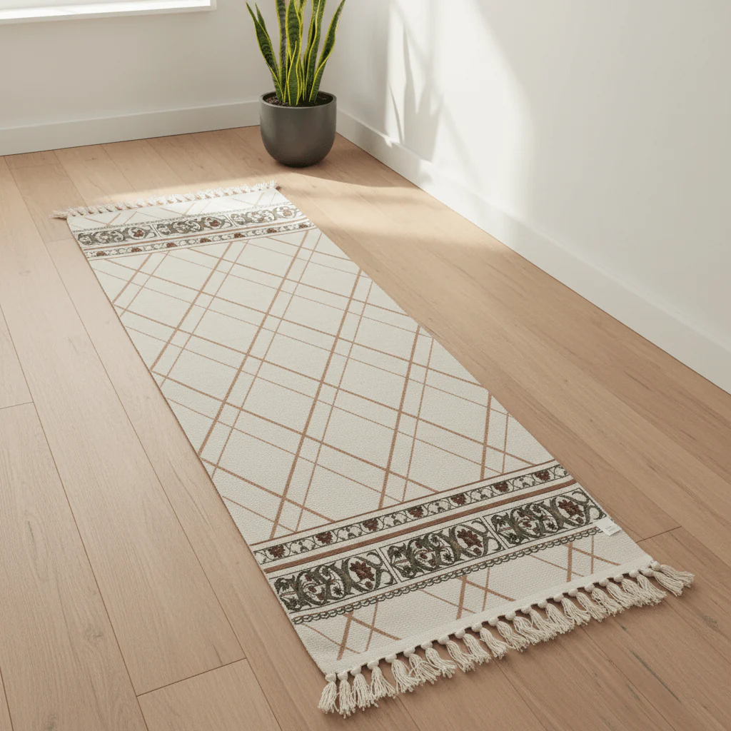 Handcrafted Diamond Lattice Runner Carpet | 50% Cotton 50% Polyester | Fringe Border Rug | 60 x 180 cm | Cream Beige | Majlis, Hallway & Bedroom Décor - Image 2