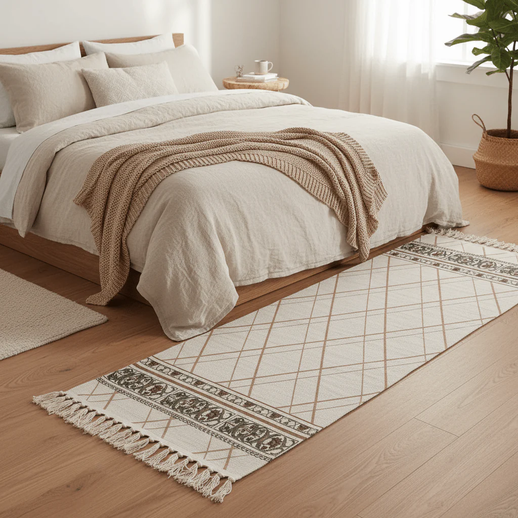 Handcrafted Diamond Lattice Runner Carpet | 50% Cotton 50% Polyester | Fringe Border Rug | 60 x 180 cm | Cream Beige | Majlis, Hallway & Bedroom Décor - Image 3