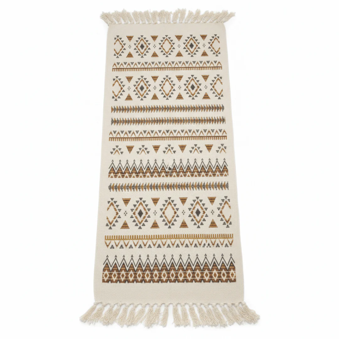 Handcrafted Moroccan Berber Flat Weave Runner Carpet | Geometric Tribal Pattern | 50% Cotton 50% Polyester | 60×180 cm | Cream White with Brown & Gold Motifs