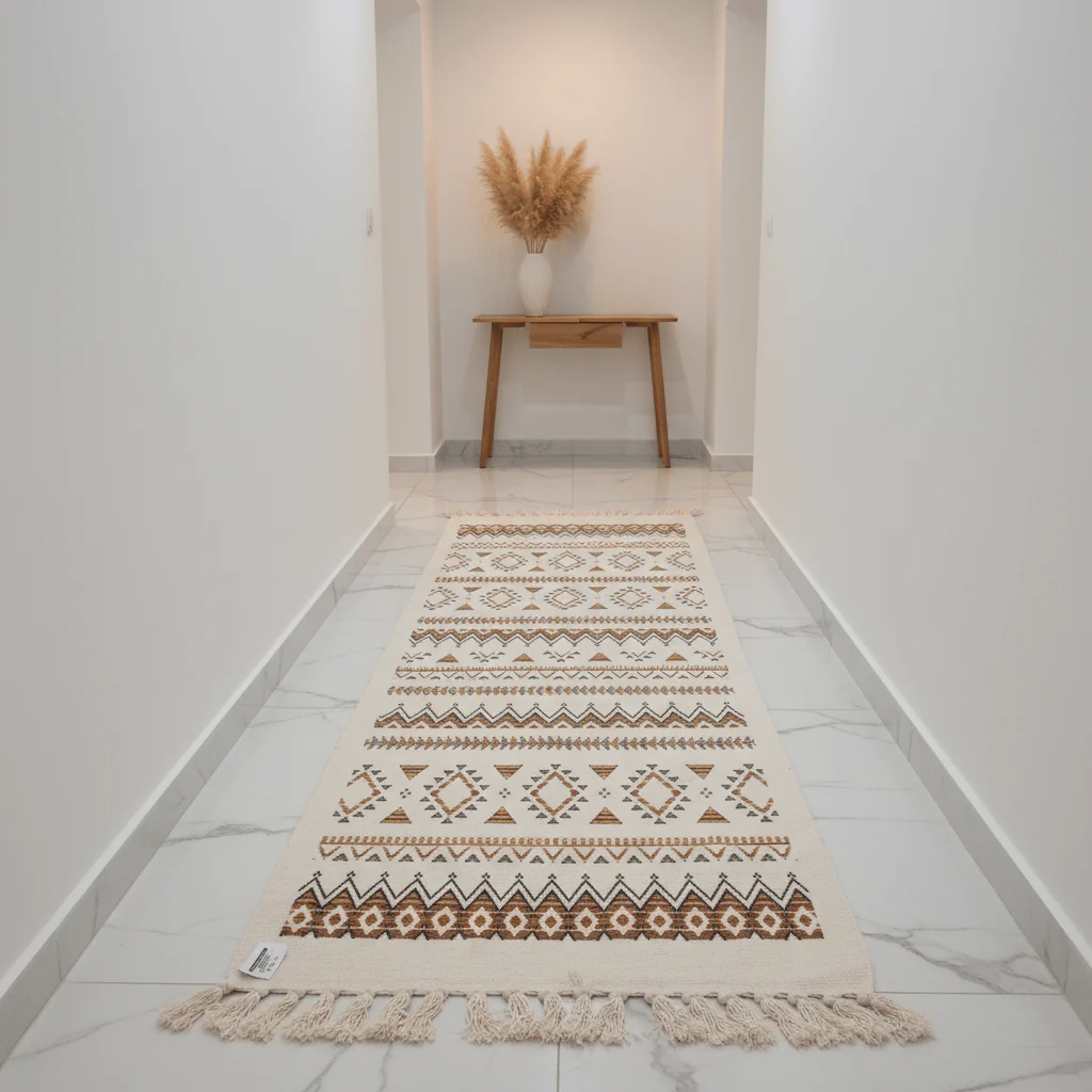 Handcrafted Moroccan Berber Flat Weave Runner Carpet | Geometric Tribal Pattern | 50% Cotton 50% Polyester | 60×180 cm | Cream White with Brown & Gold Motifs - Image 3