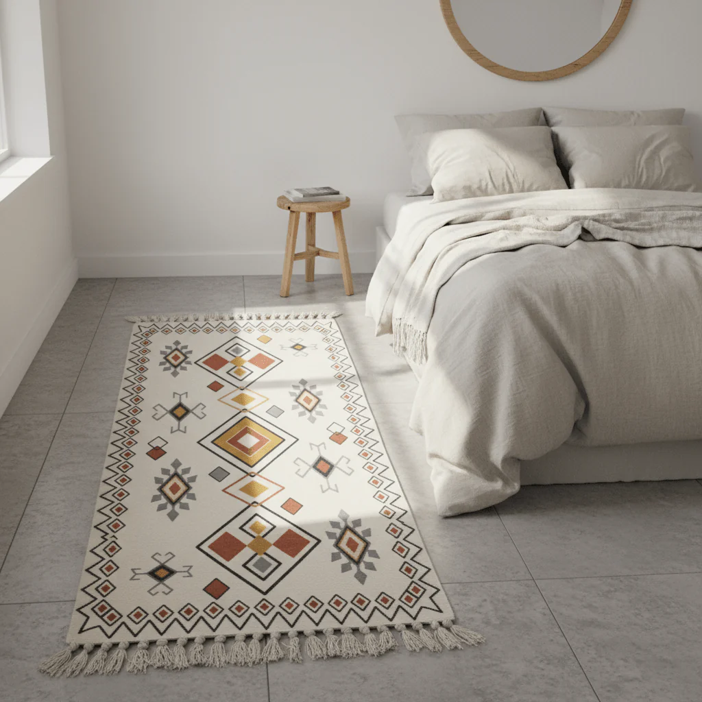 Handwoven Kilim Runner Carpet | Southwestern Geometric Pattern | 50% Cotton 50% Polyester | Fringe Tassels | 60×150 cm | Cream, Terracotta & Gold | Boho, Majlis & Modern Décor - Image 3