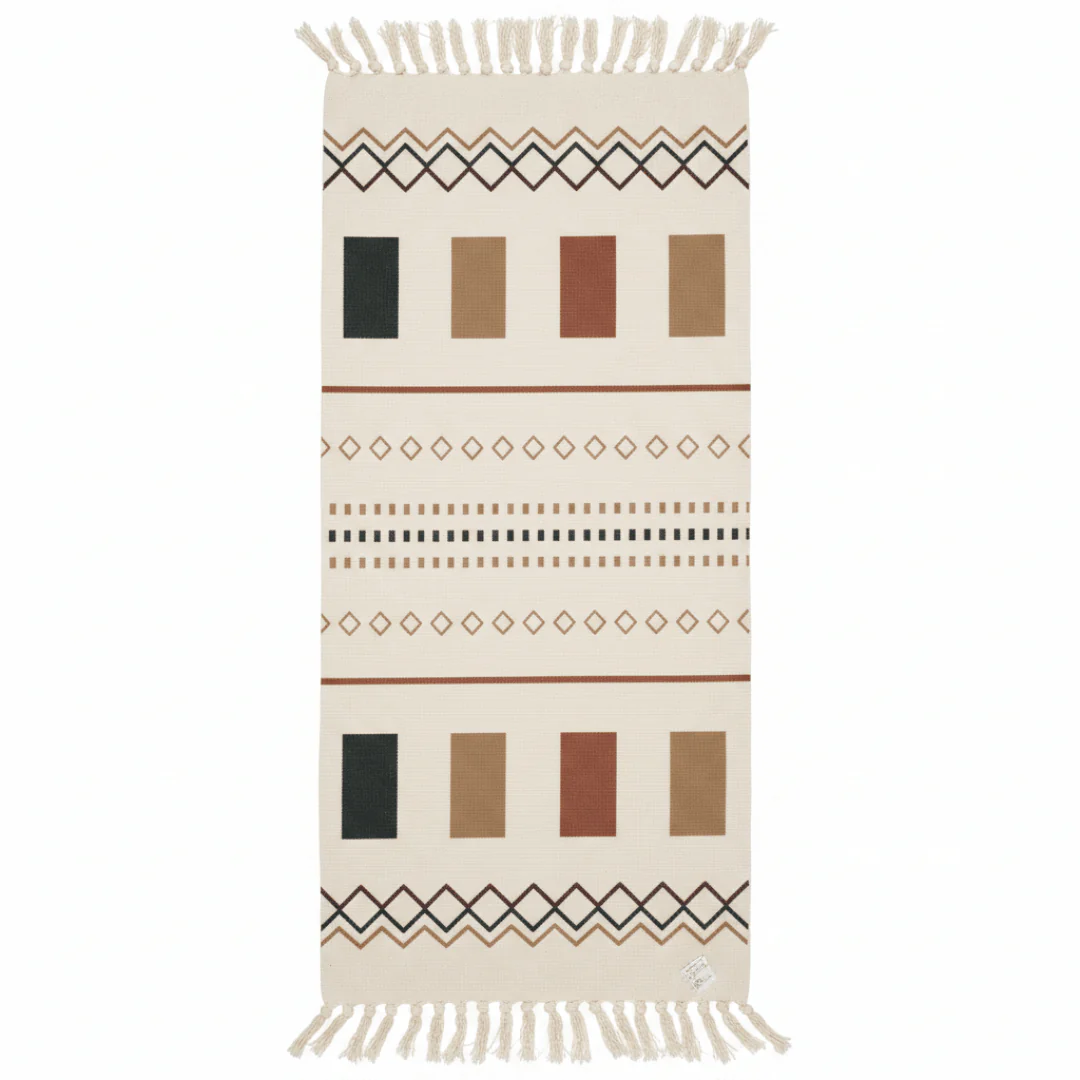 Handwoven Moroccan-Style Geometric Runner Carpet | 50% Cotton 50% Polyester | Cream with Fringe Tassels | 60 x 150 cm