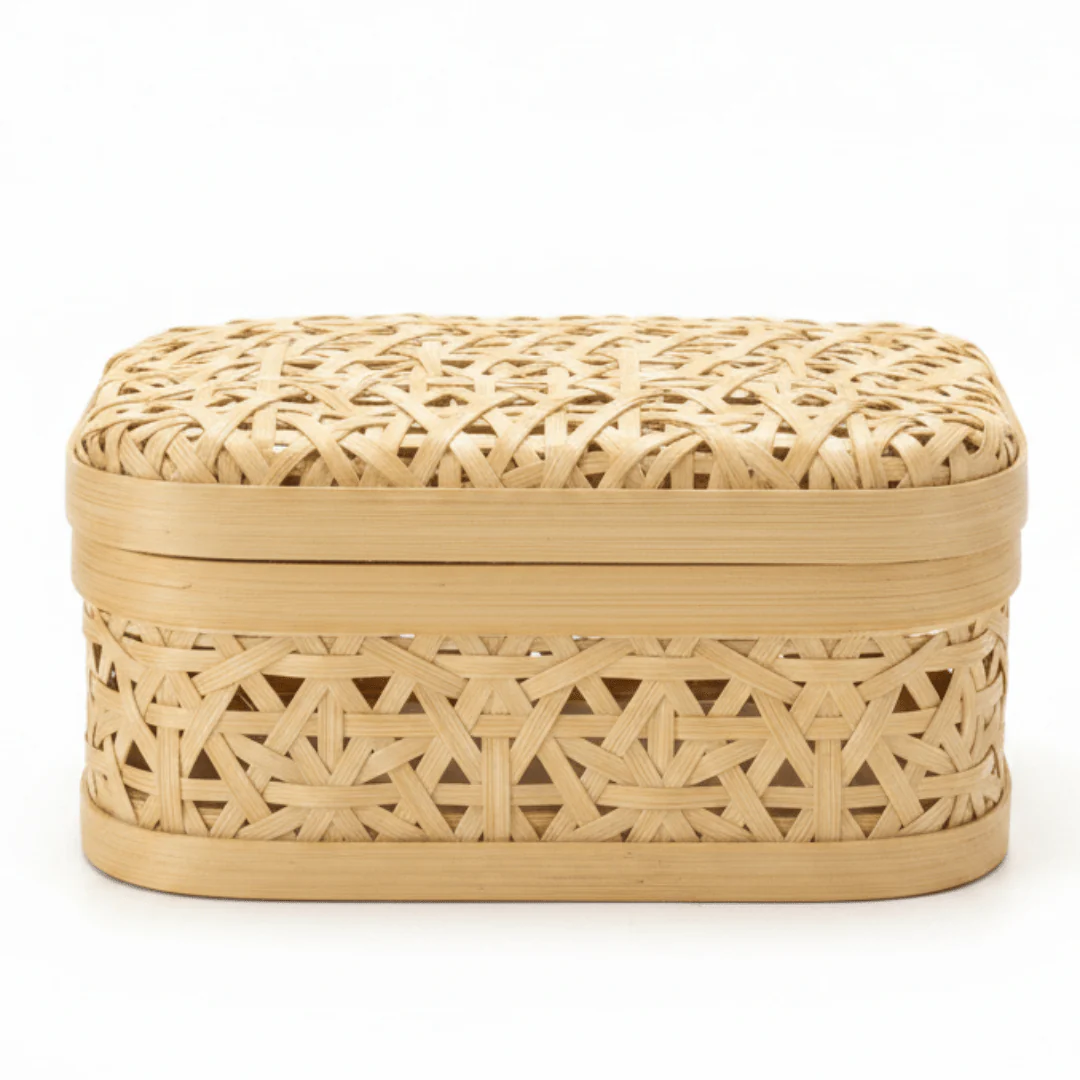 Handwoven Rectangle Bamboo Rattan Storage Box with Lid | Natural Wicker Organizer for Jewelry, Vanity & Home Décor | 17×12×8 cm