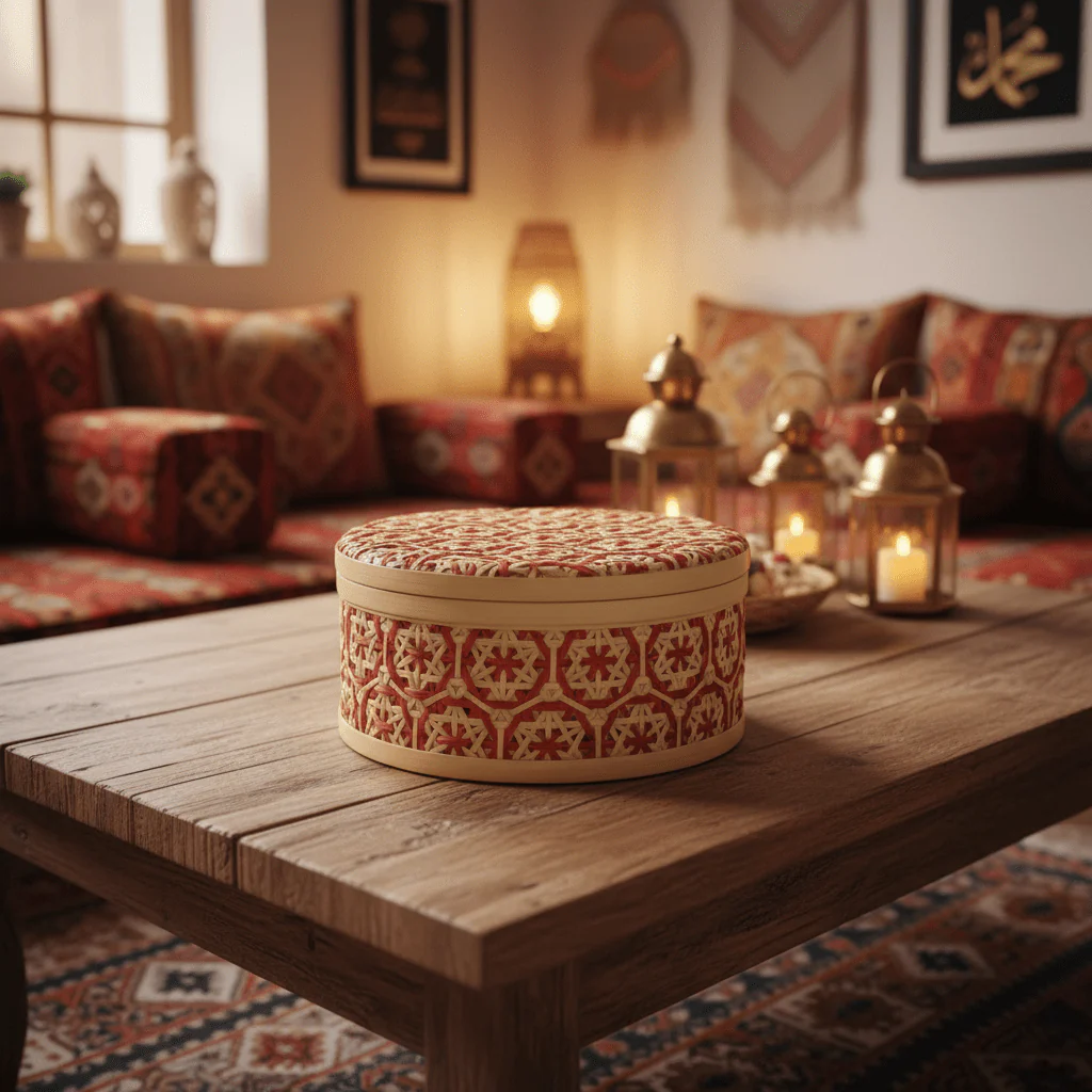 Handwoven Round Bamboo Rattan Storage Box with Lid | Geometric Patterned Decorative Basket | 25cm | - Image 2