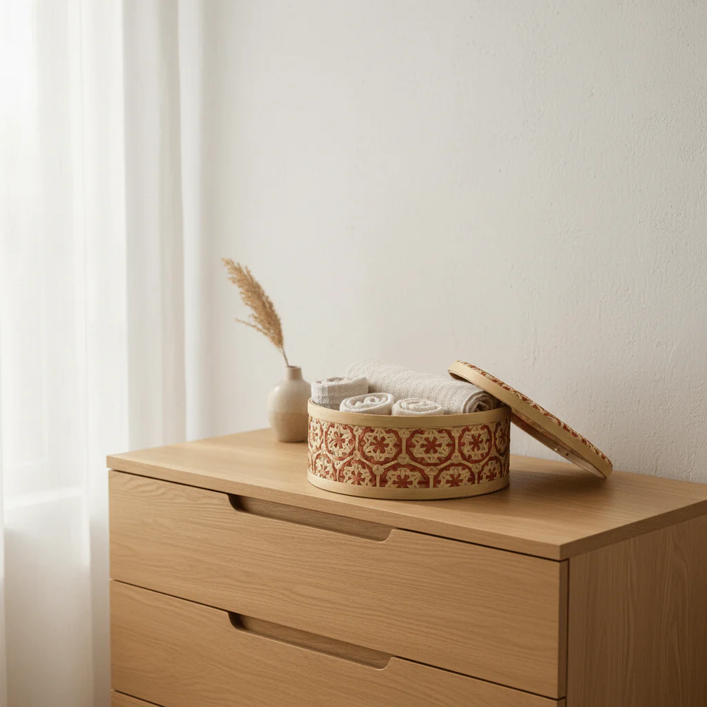 Handwoven Round Bamboo Rattan Storage Box with Lid | Geometric Patterned Decorative Basket | 25cm | - Image 4