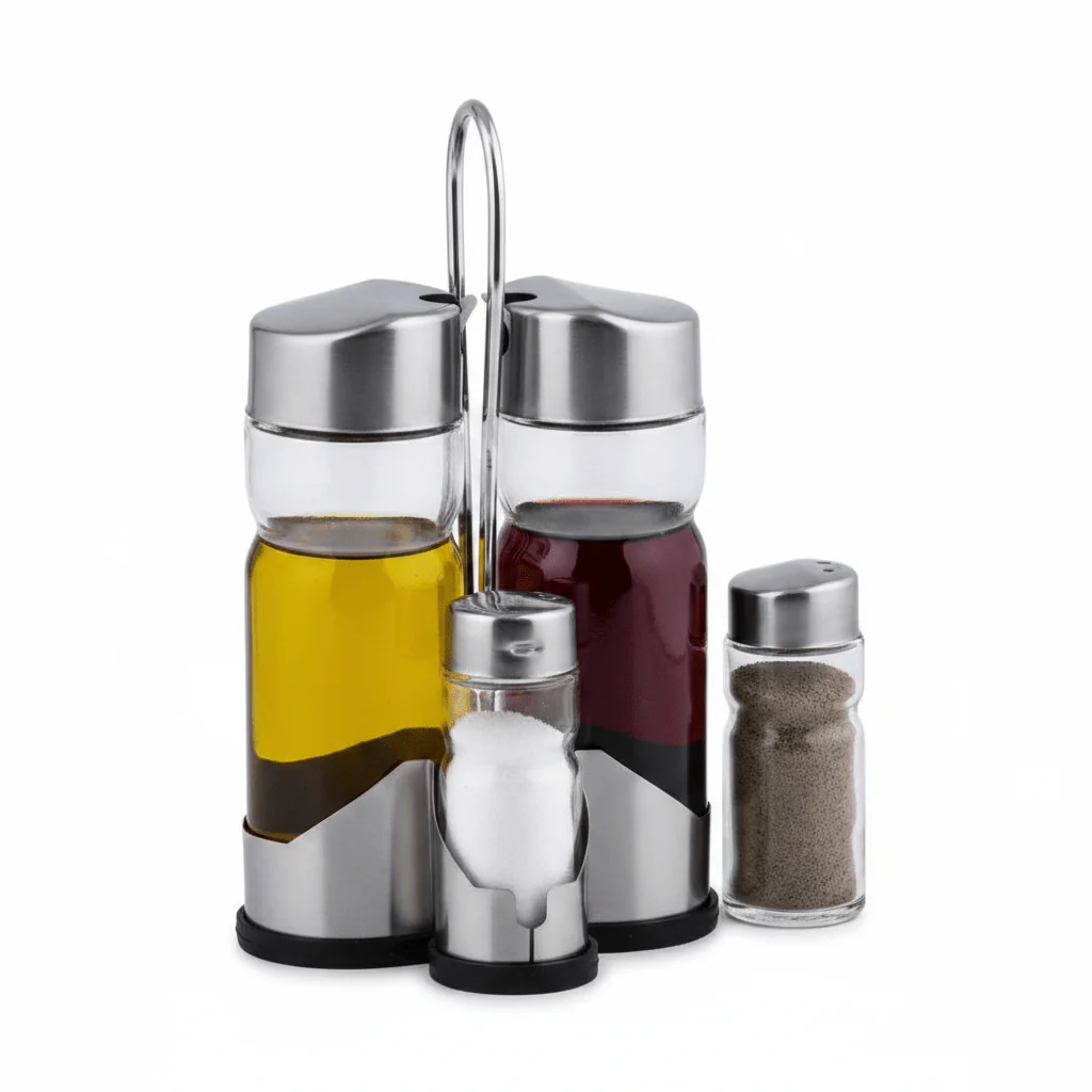 Harmony Salt Shaker With Oil And Vinegar Bottle Set – 5 Pieces – Silver