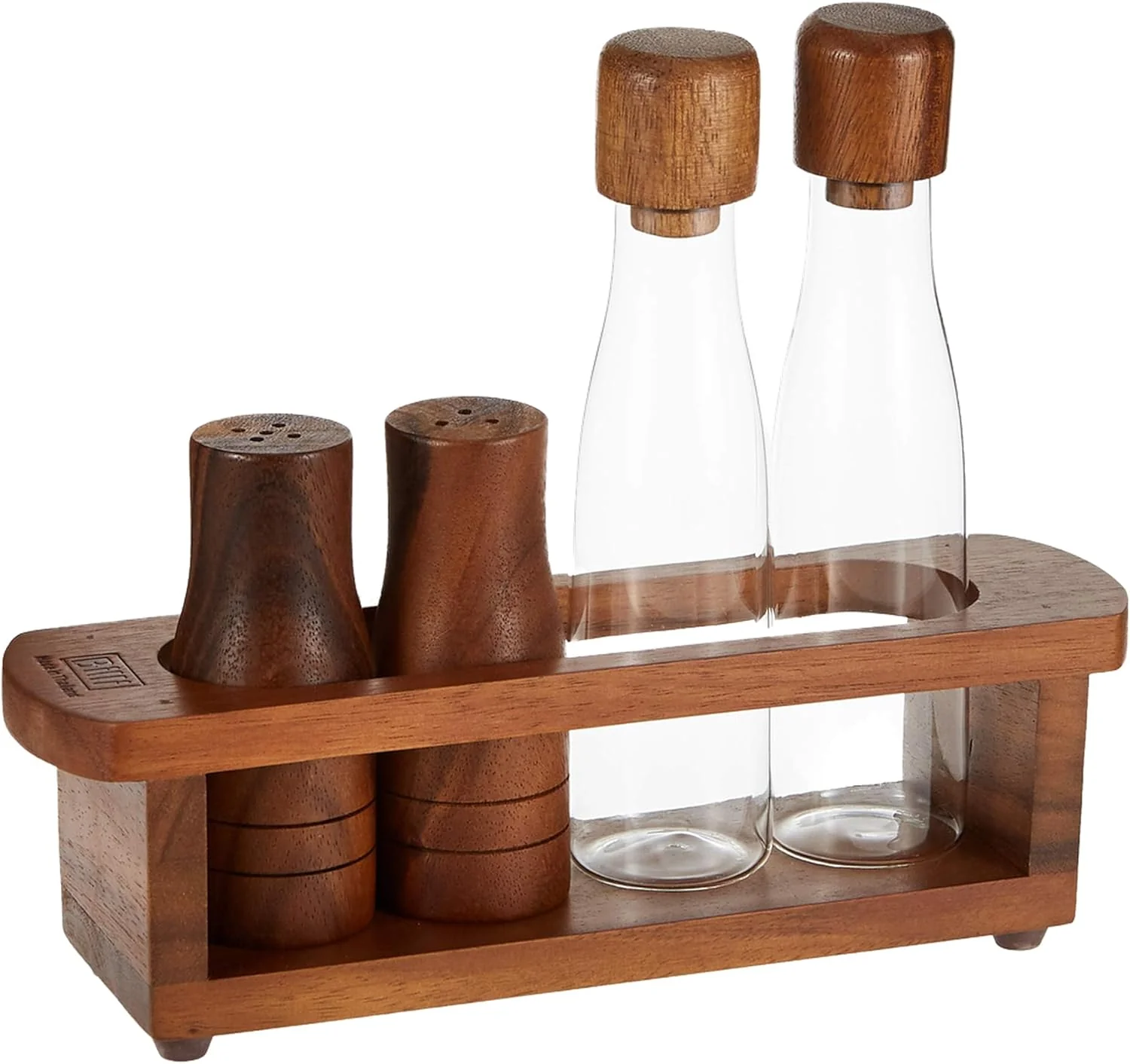 Billi Wooden Oil, Vinegar, Salt & Pepper Canister Set — 4-Piece Dining Condiment Set with Acacia Wood Tray 7*26*21 cm