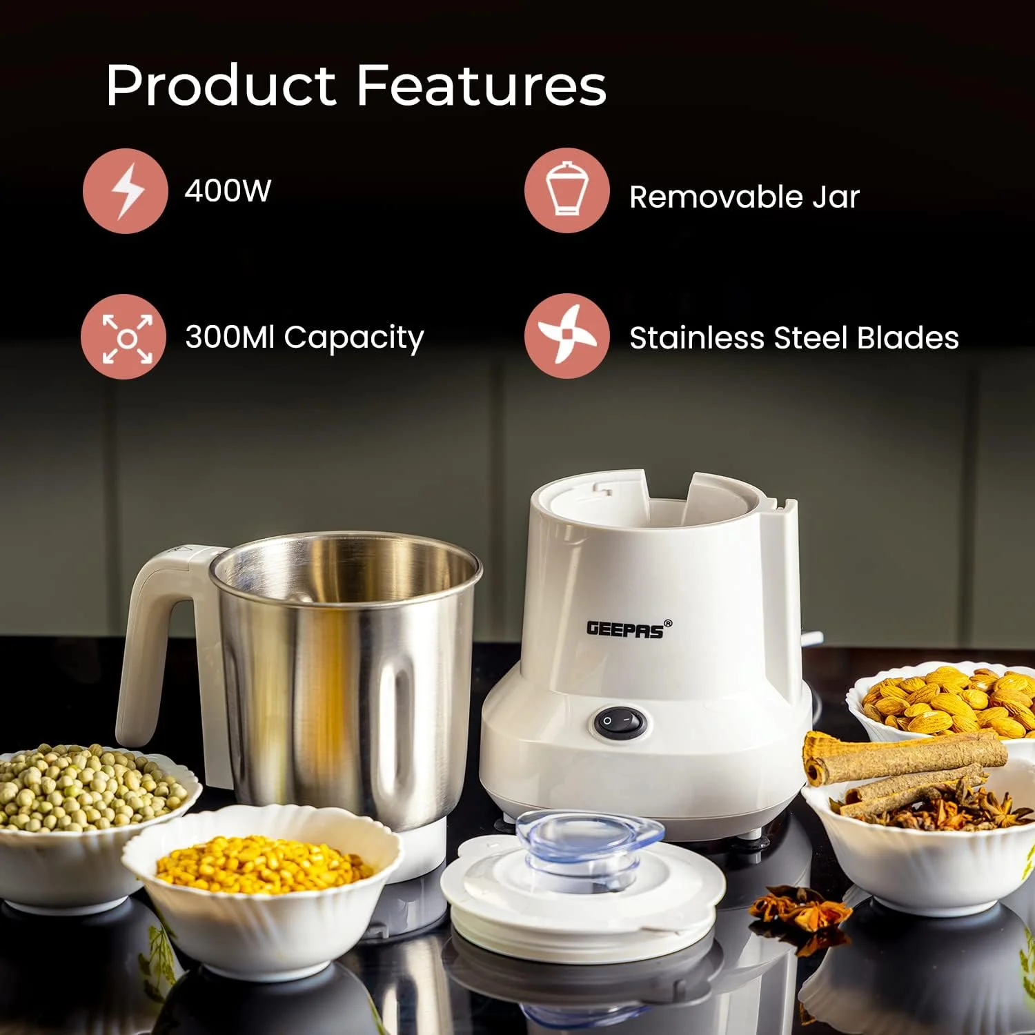 Geepas Coffee Grinder GCG6105 - 450W Electric Grinder | Separate Stainless Steel Blades for Coffee Beans, Spices & Dried Nuts Grinding | Detachable Bowl |Large Capacity Mill - Image 6