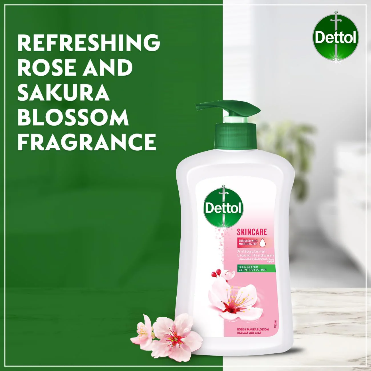 Dettol Skincare Liquid Handwash Pump, Rose & Sakura Blossom Scent, 400ml - Image 2