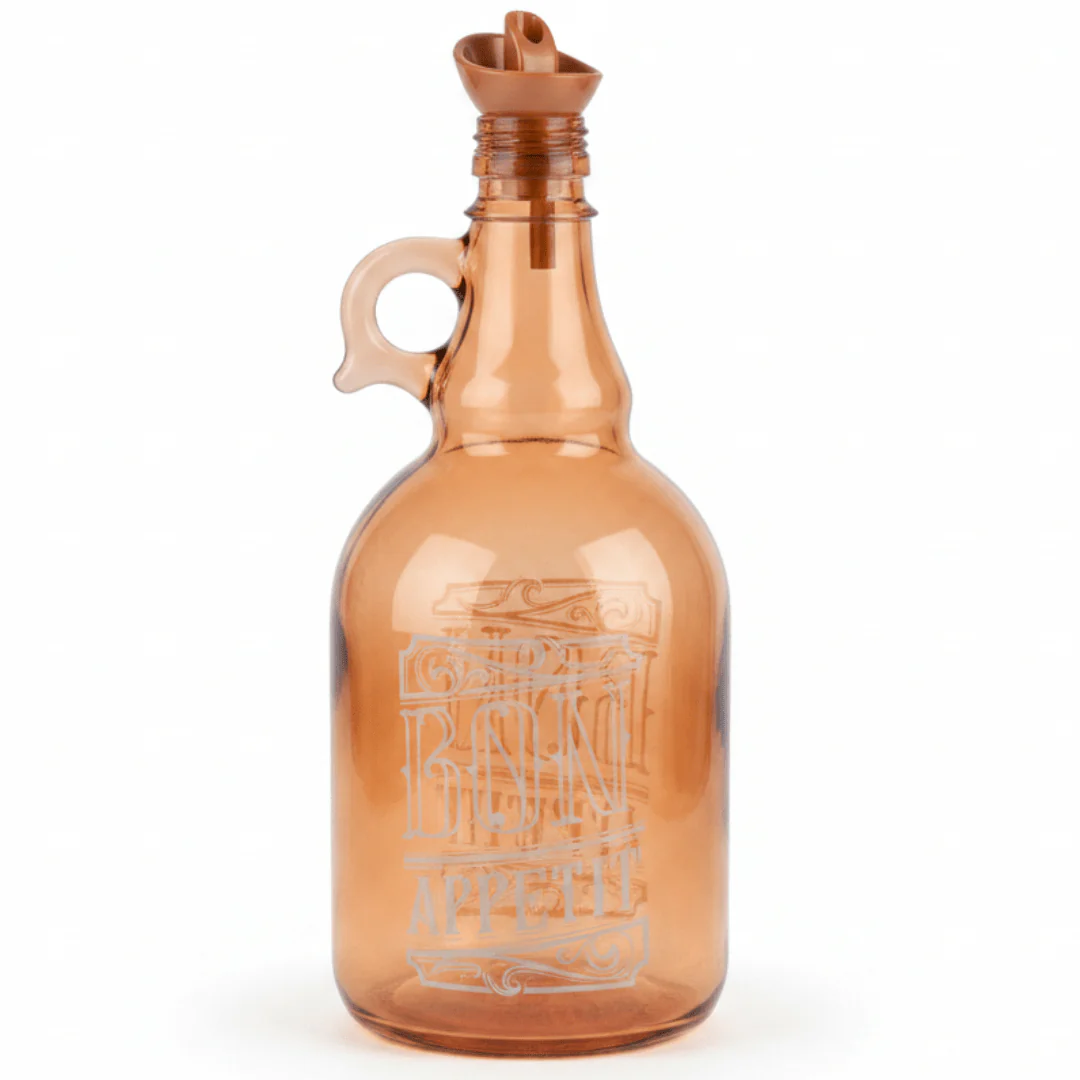 Herevin Tinted Orange Glass Oil Bottle – 1 Litre | Elegant Etched Design with Handle