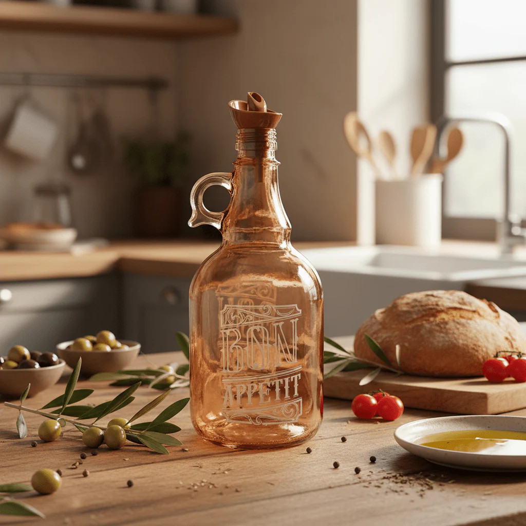 Herevin Tinted Orange Glass Oil Bottle – 1 Litre | Elegant Etched Design with Handle - Image 2