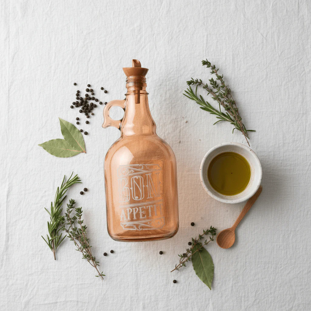 Herevin Tinted Orange Glass Oil Bottle – 1 Litre | Elegant Etched Design with Handle - Image 4