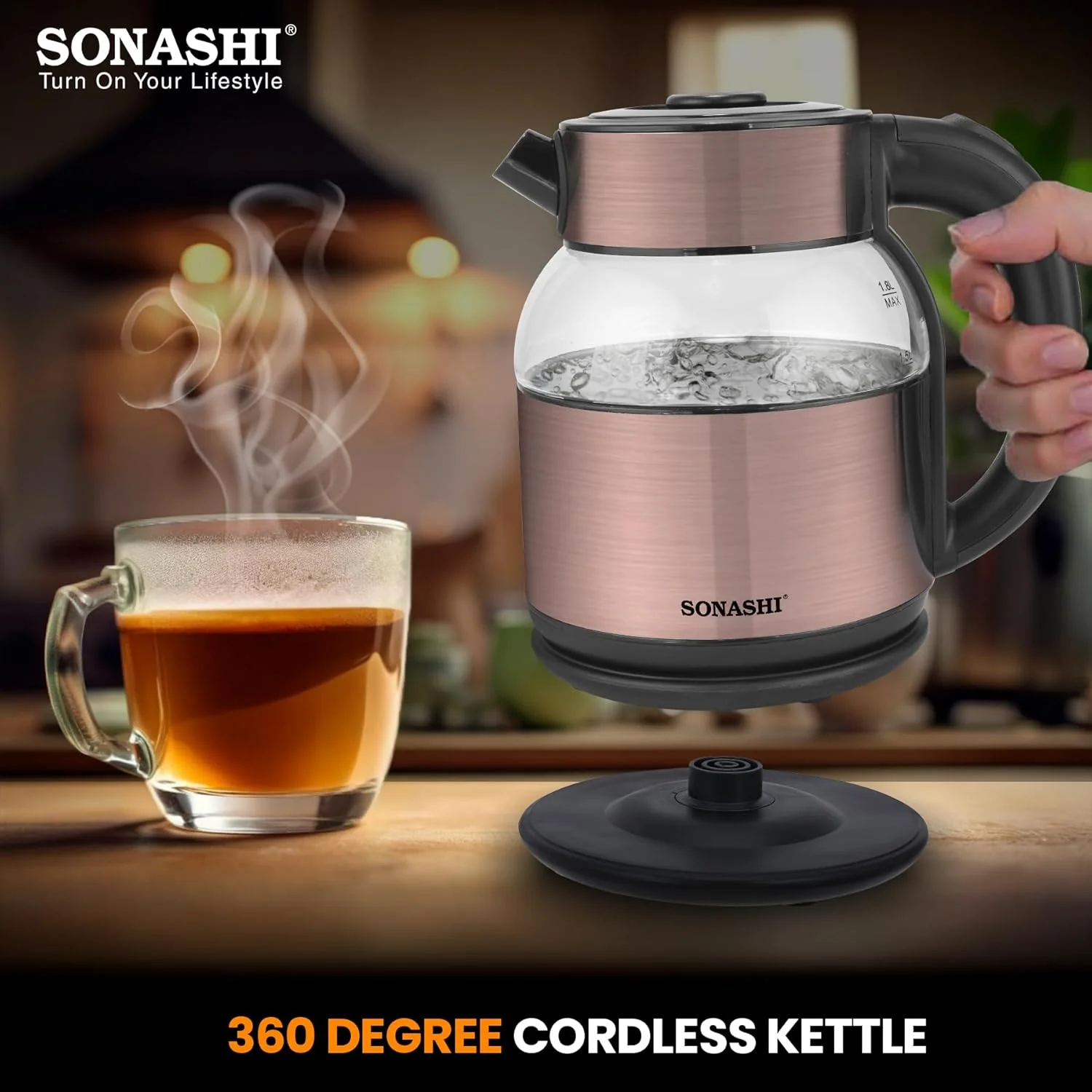 Sonashi 1.8L Cordless Kettle with Boil-Dry Protection, 360° Rotation with Concealed Heating Element, Auto Off When Water Boils with Light Indicator, Kettle for Tea, Water, Noodles, 1500W SKT-1812 - Image 3