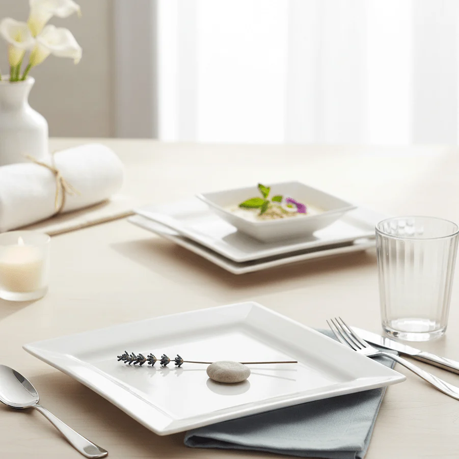 Symphony 4-Piece White Ceramic Square Plate Set (19 cm) - Image 2
