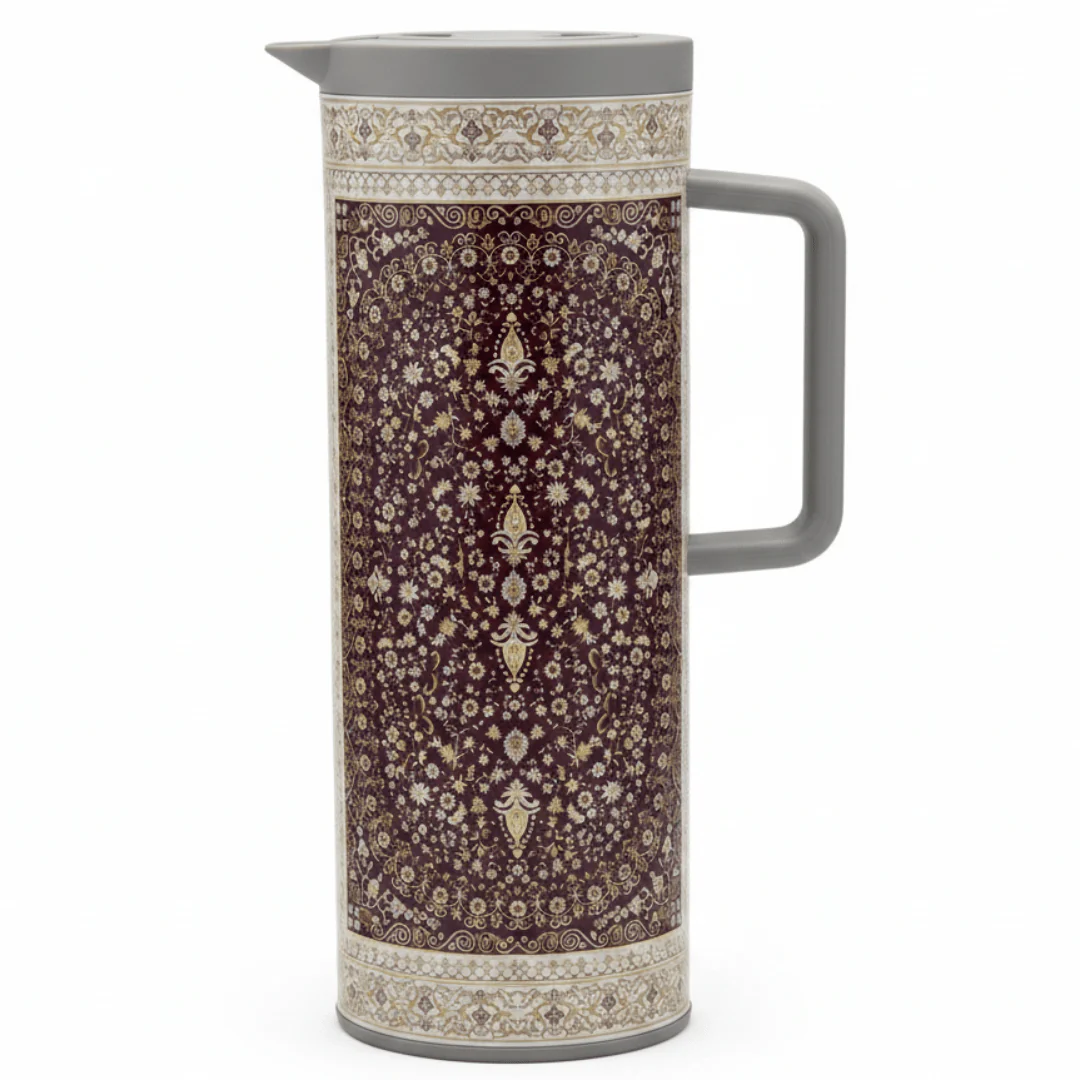 Hobby Lobby Brown and Grey Vacuum Flask with Traditional Floral Pattern | 1 Litre