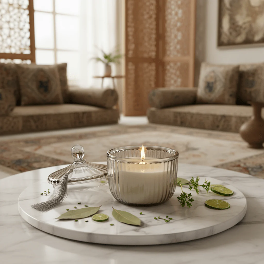 Home Fragrance Bay Leaf & Lime Premium Aromatic Candle with Elegant Glass Jar – 12 cm - Image 3