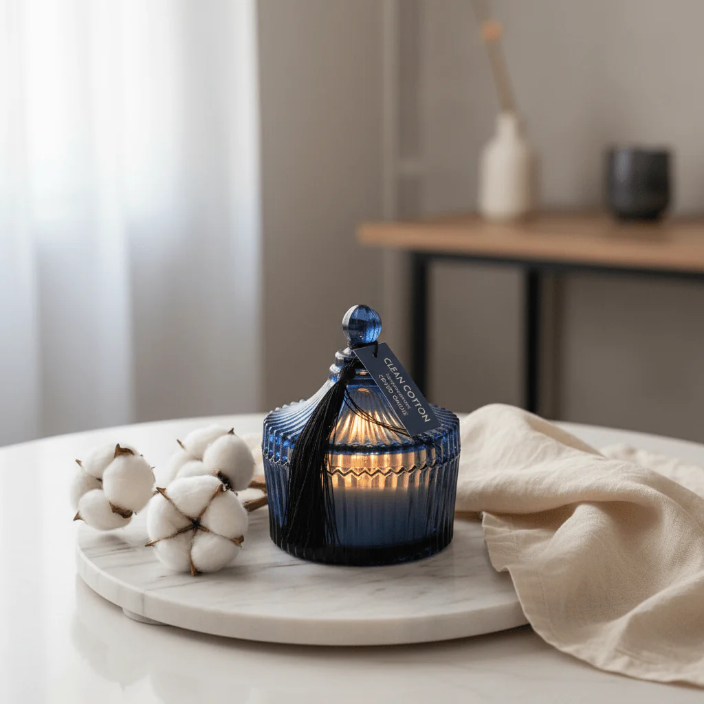 Home Fragrance Clean Cotton Fresh Aroma Scented Candle with Elegant Glass Jar – 10 cm - Image 2