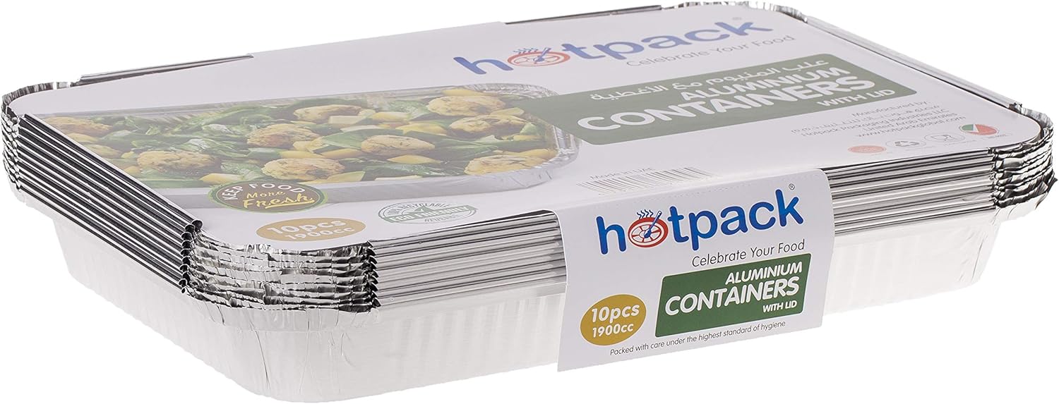 Hotpack 10pcs Rectangular Aluminium Containers with Lid 1900cc