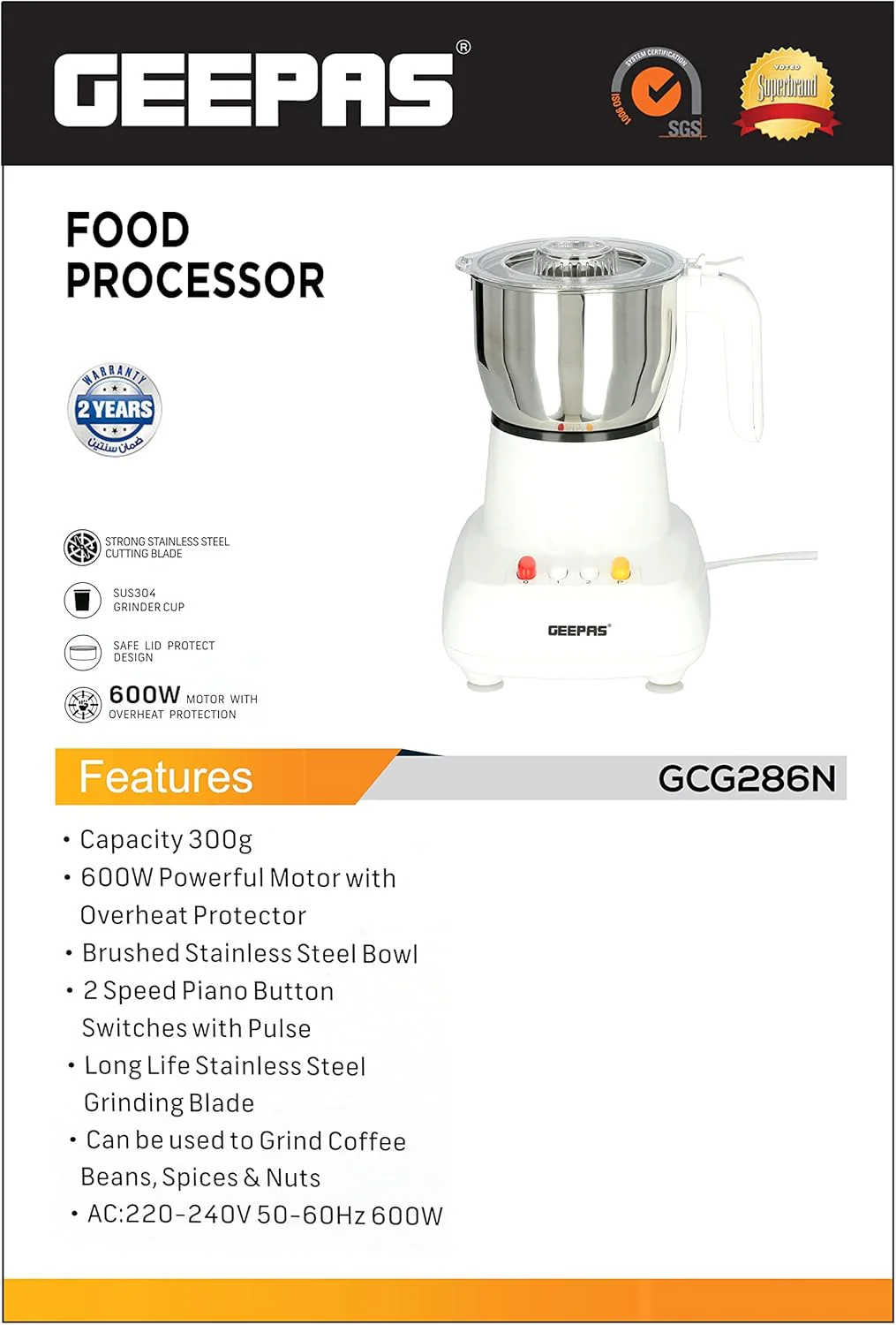 Geepas Food Processor, Stainless Steel Cutting Blade, GCG286 | Transparent Lid | 600W Motor with Overheat Protection | Ideal for Coffee Beans, Spices, & Dried Nuts Grinding - Image 6