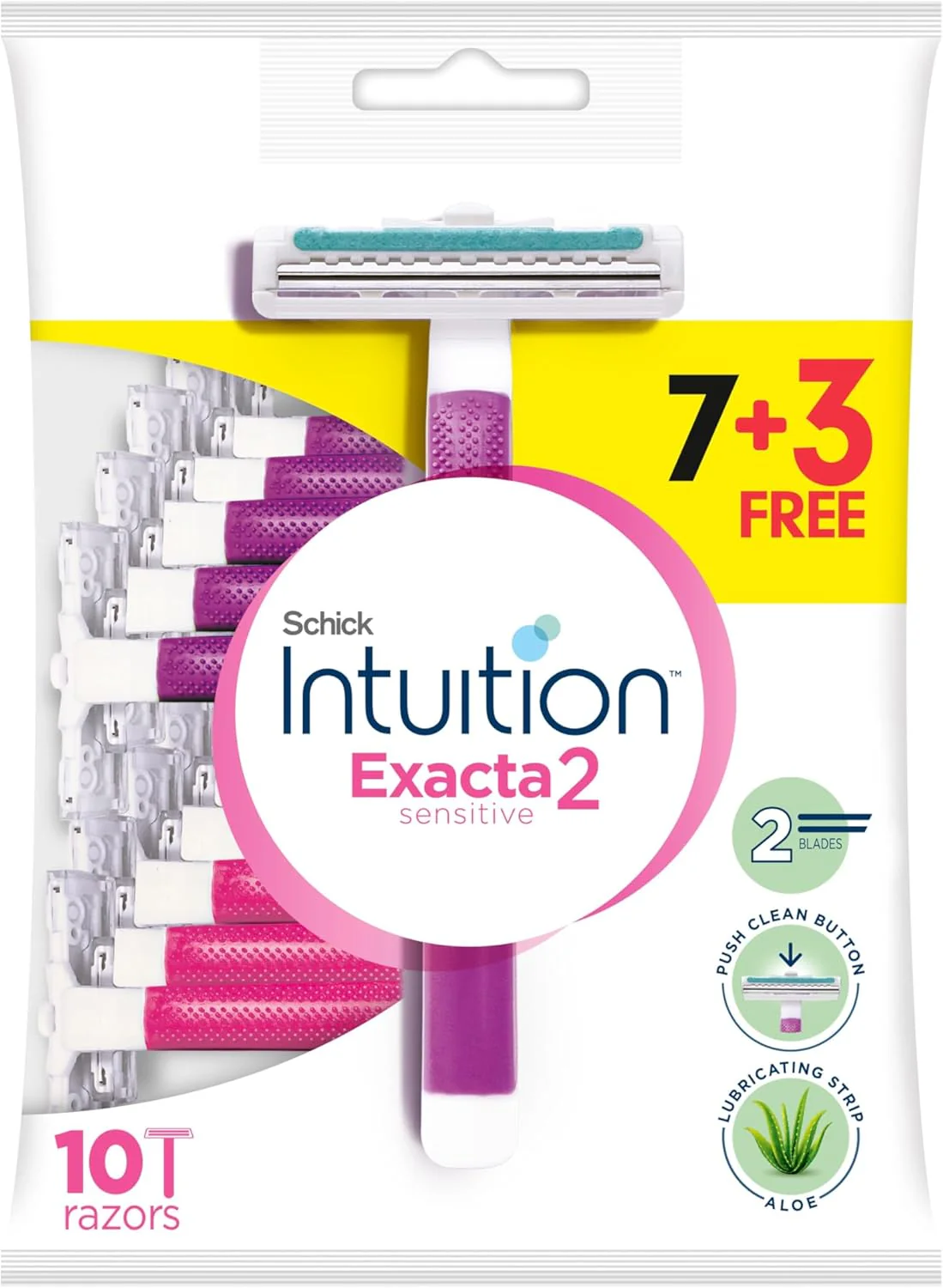 Intuition Exacta2 Sensitive Disposable Razor for Women, 7+3 Pack,Suitable for Sensitive Skin, Ultra thin 2 Blades, Lubricating Strip with Organic Aloe + Vitamin E, Push Clean Button