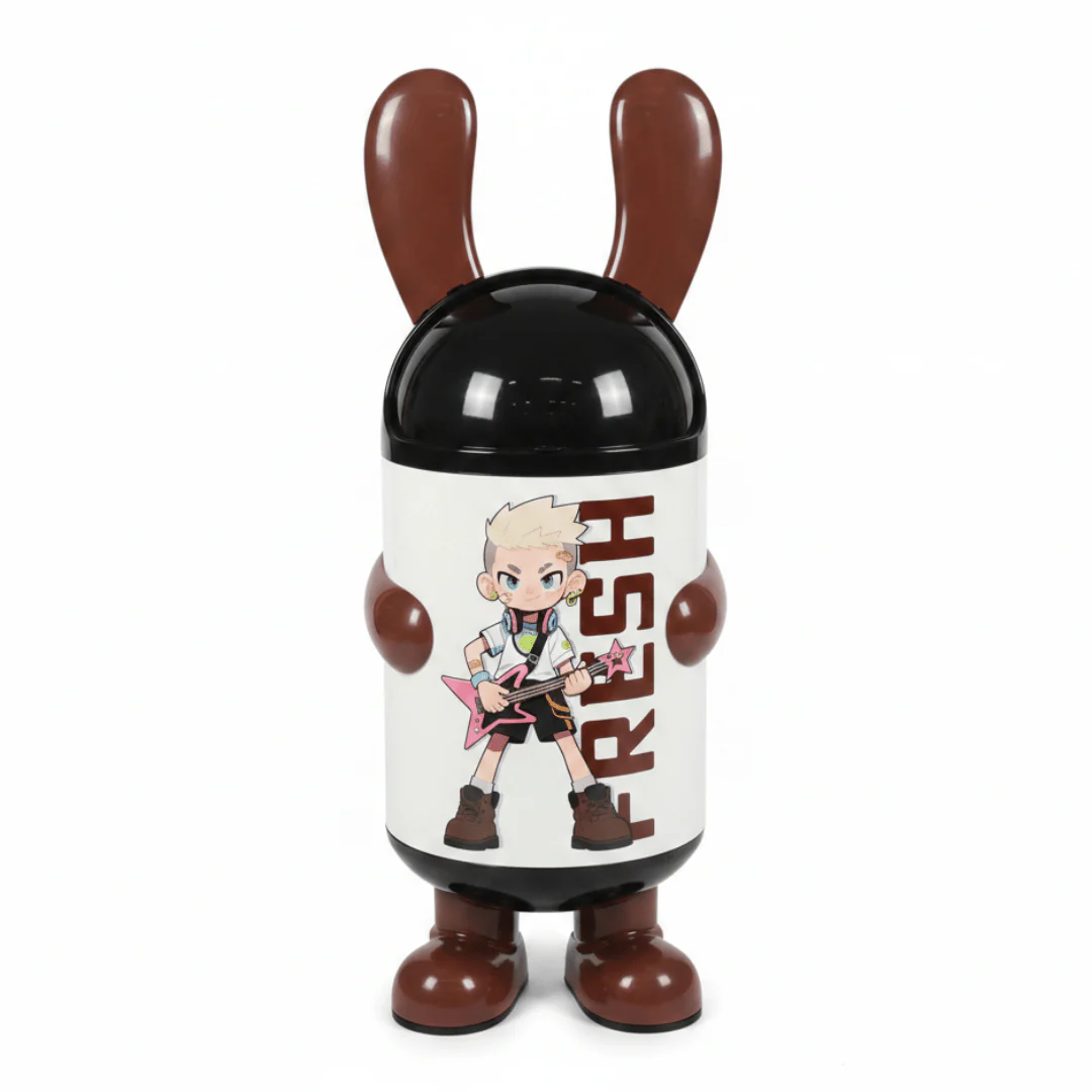 Italo Cartoon Character Plastic Trash Can with Black Lid – White & Brown, 70cm
