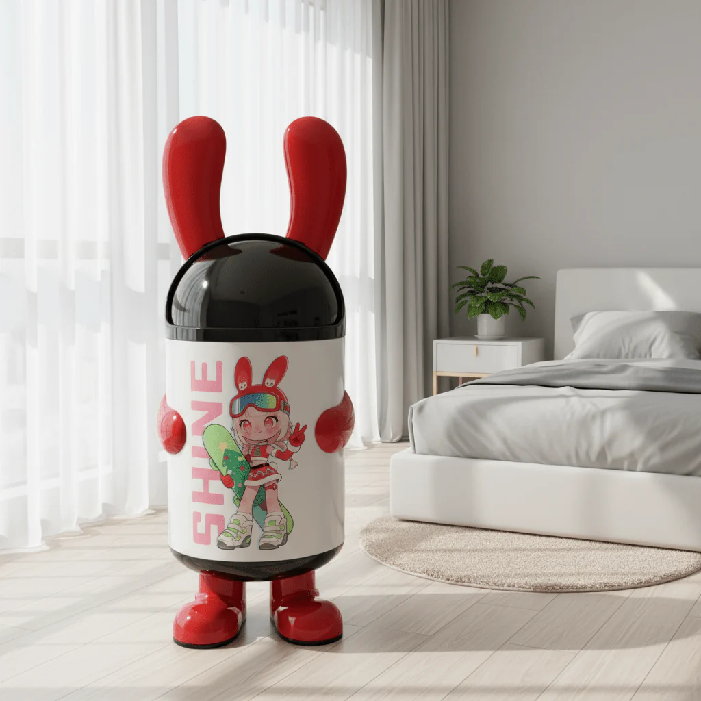 Italo SHINE Cartoon Character Plastic Trash Can 70cm – White & Red | Kids Character Waste Bin with Black Dome Lid - Image 3