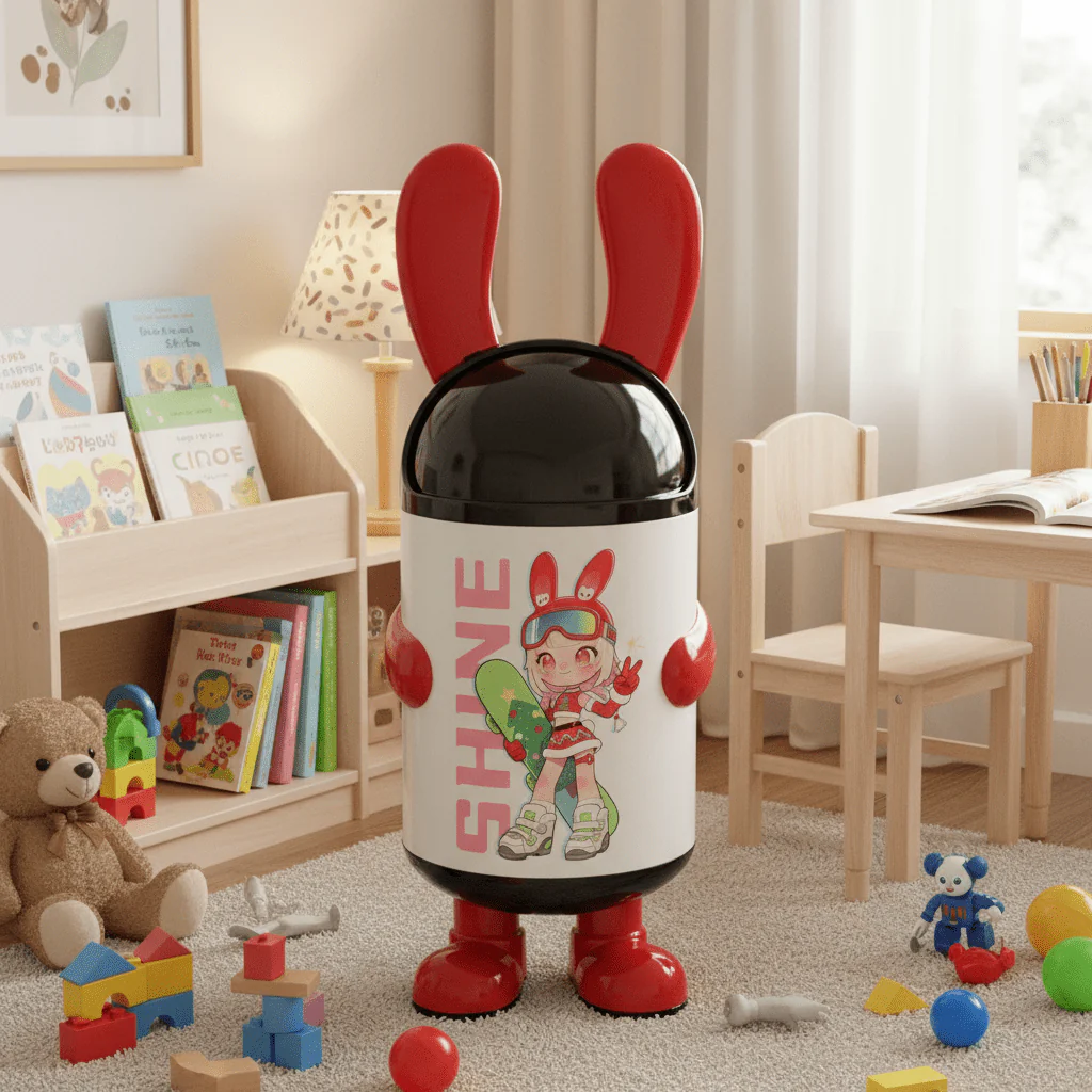 Italo SHINE Cartoon Character Plastic Trash Can 70cm – White & Red | Kids Character Waste Bin with Black Dome Lid - Image 4