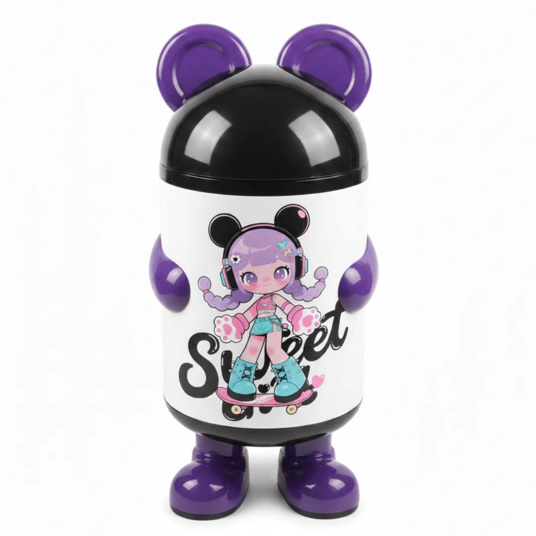Italo Sweet Girl Cartoon Character Plastic Trash Can | 60cm | White & Purple with Black Lid