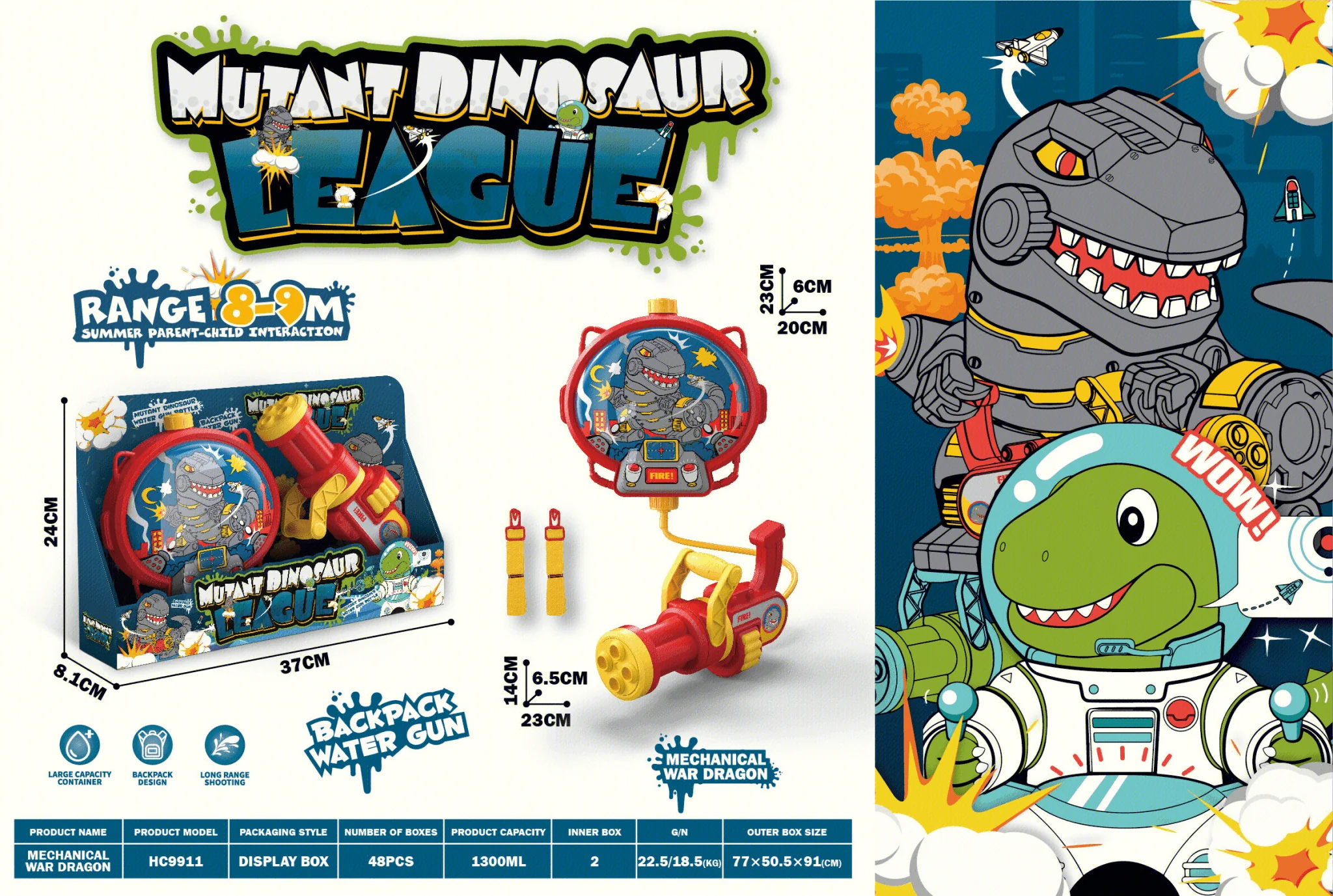 JOODI Dinosaur Water Gun Playset with Dinosaur Water Bottle, 8m-9m Shooting Range, Multicolour - Image 3