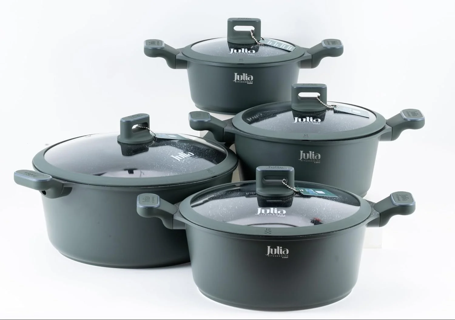 Julia Cookware Set 8-Piece – Green Finish - Non-Stick Durable Casserole Pots with Glass Lids for Everyday Cooking