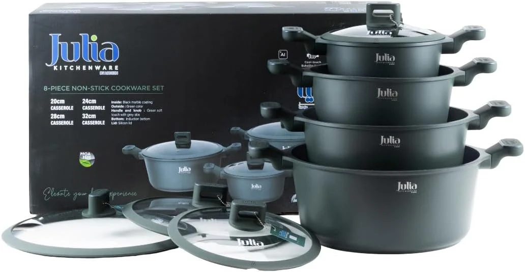 Julia Cookware Set 8-Piece – Green Finish - Non-Stick Durable Casserole Pots with Glass Lids for Everyday Cooking - Image 4