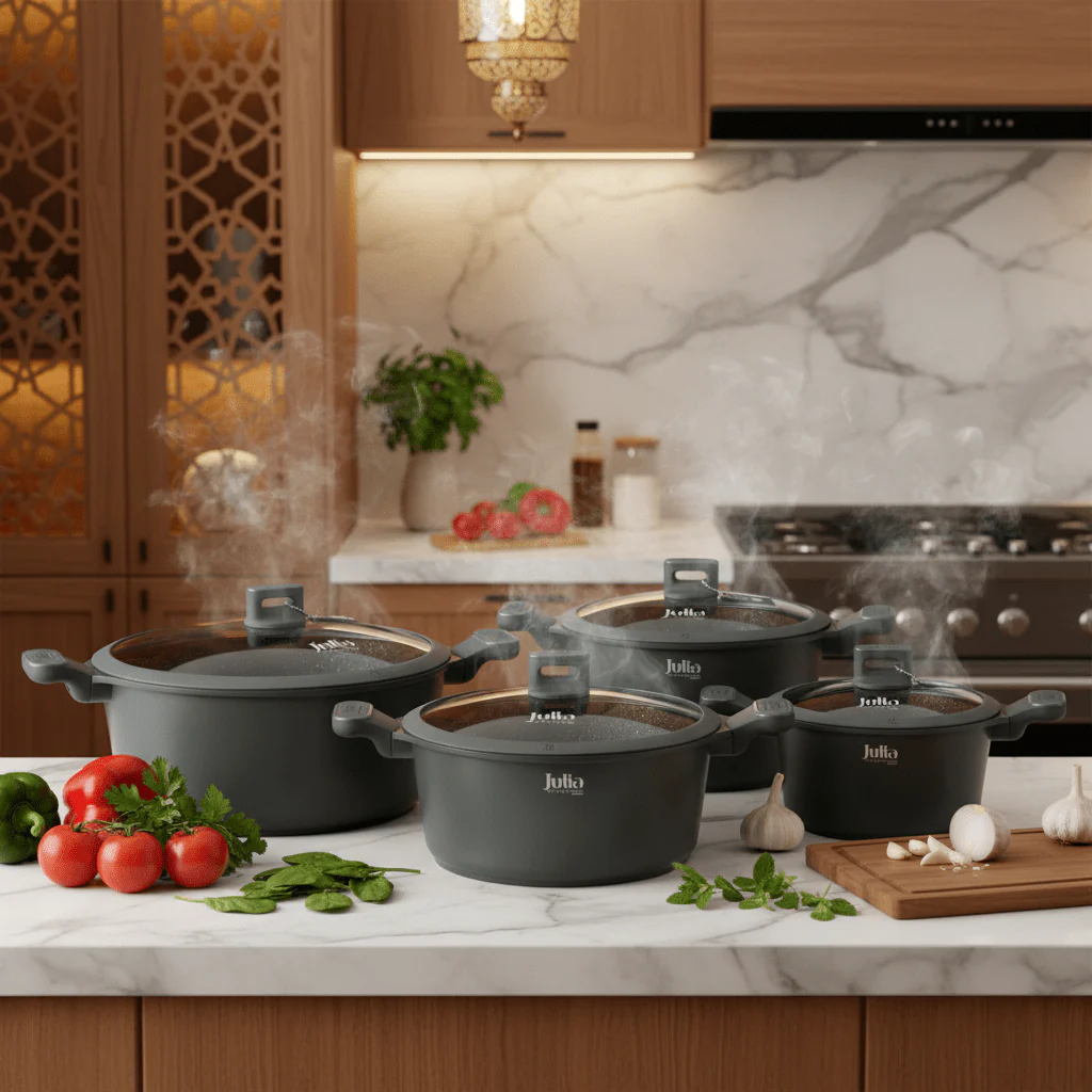 Julia Cookware Set 8-Piece – Green Finish - Non-Stick Durable Casserole Pots with Glass Lids for Everyday Cooking - Image 5