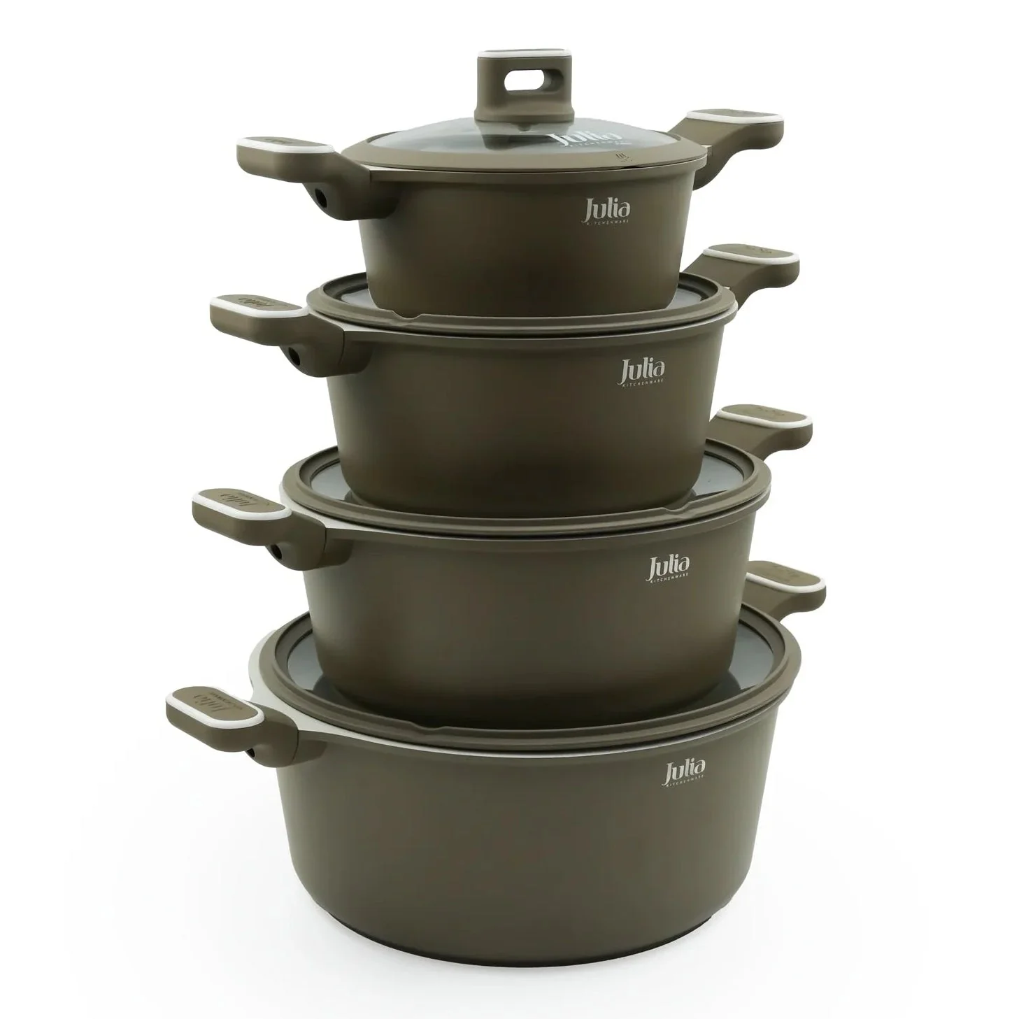 Julia Cookware Set 8-Piece – Matte Brown Finish - Non-Stick Durable Casserole Pots with Glass Lids for Everyday Cooking