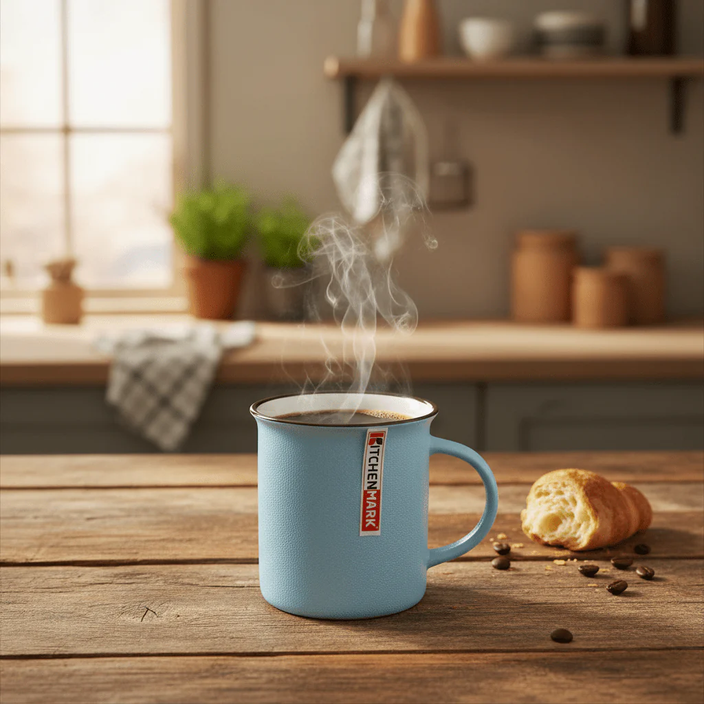 Kitchen Mark Classic Enamel Mug – Sky Blue with Brown Rim | 325ml - Image 2