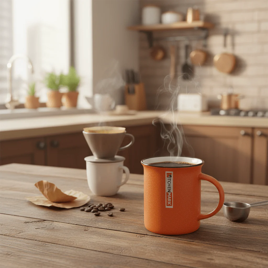 KitchenMark Classic Enamel Mug – Orange | 325ml | Brown Rim | Vintage-Style Drinkware - Image 2
