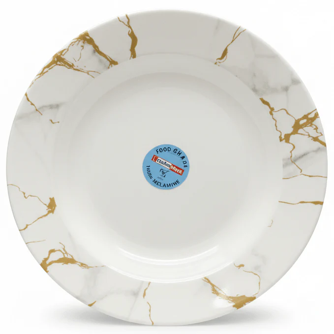 Kitchen Mark Round White Melamine Soup Plate with Golden Shade Design, Strong & Break-Resistant Serving Plate – 11 Inch