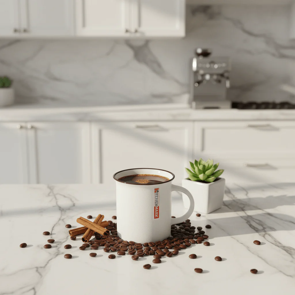 Kitchen Mark Classic White Enamel Mug with Brown Rim — 325ml - Image 3