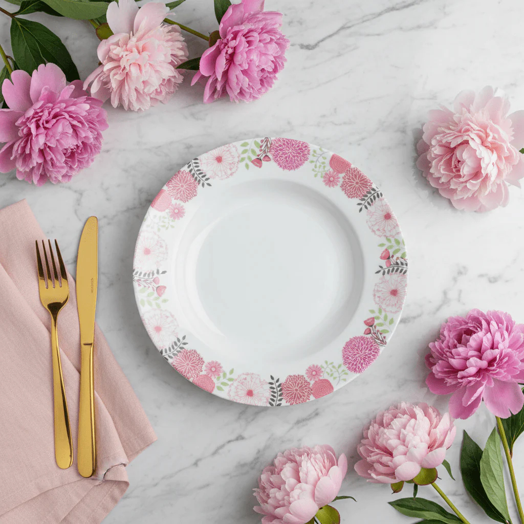 Kitchenmark White Melamine Soup Plate with Pink Floral Design — 9 Inch - Image 3