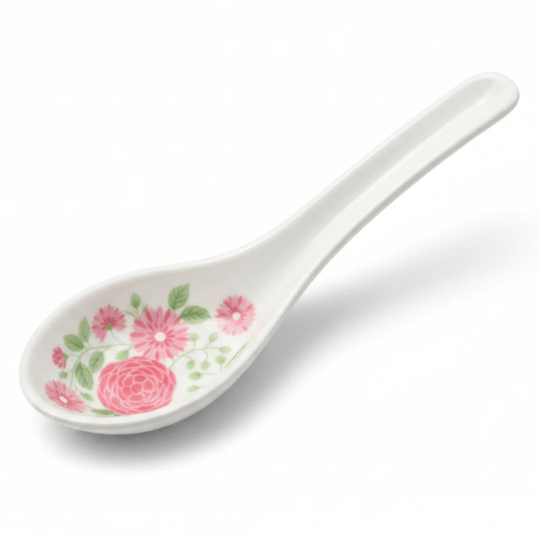 Kitchenmark White Melamine Soup Spoon – Pink Floral Design | 13.5cm