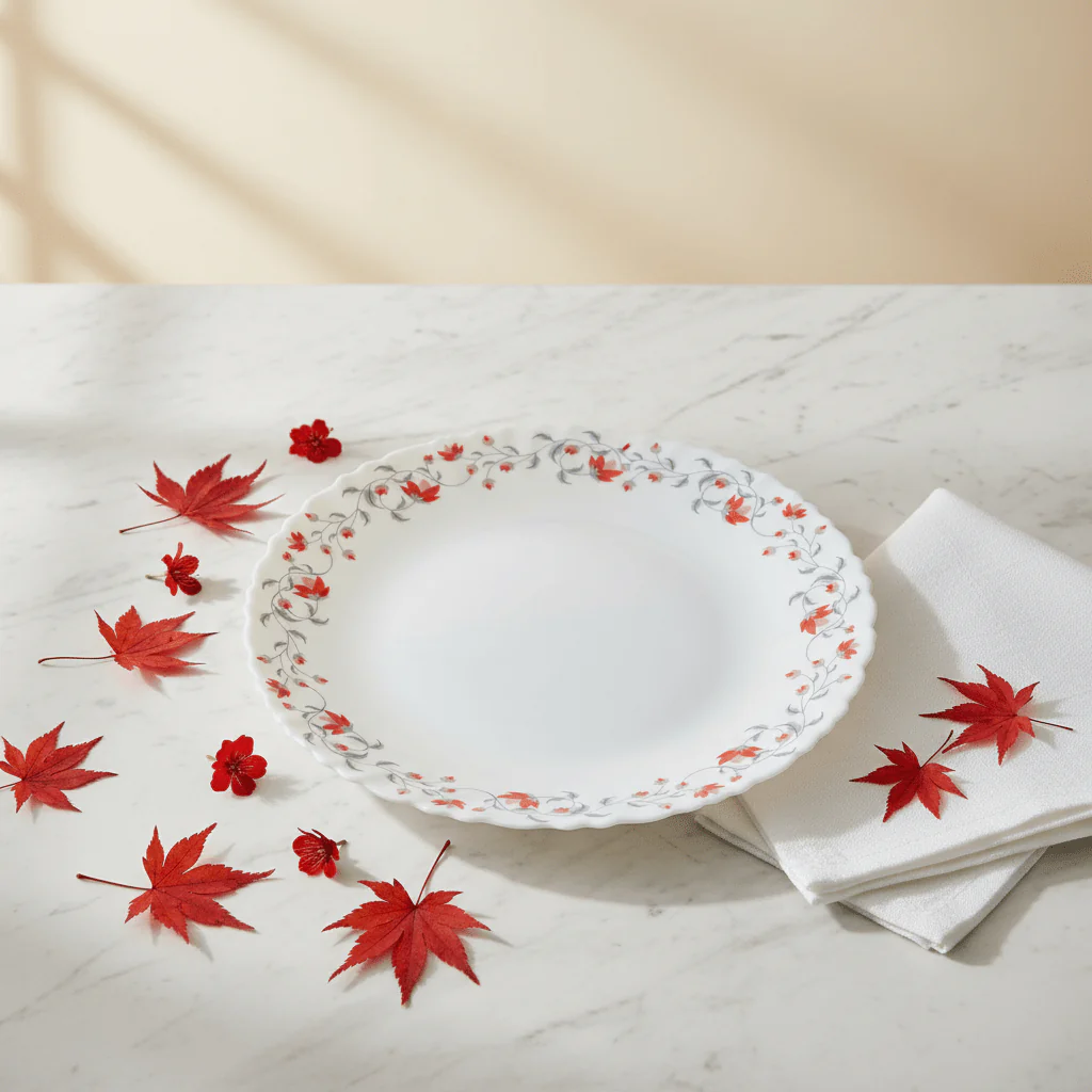 Larah Fluted White Opalware Dinner Plate with Red Floral Design – 27cm - Image 2