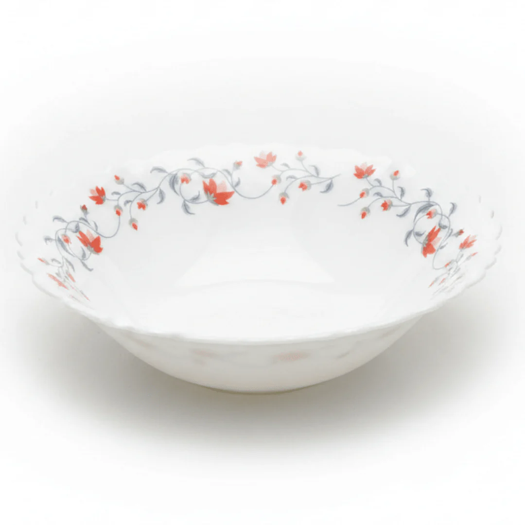 Larah Fluted White Opalware Multipurpose Bowl with Red Floral Design β 6.5 Inch
