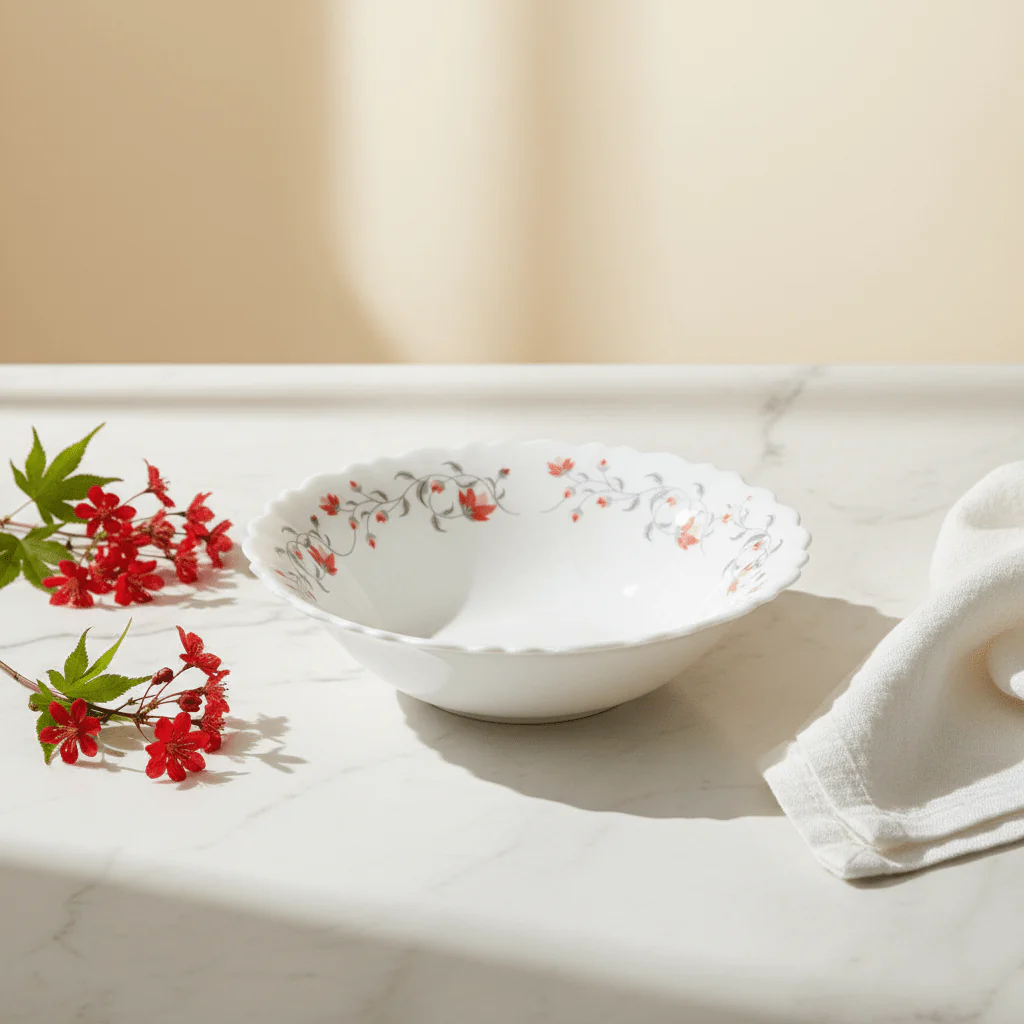 Larah Fluted White Opalware Multipurpose Bowl with Red Floral Design β 6.5 Inch - Image 2
