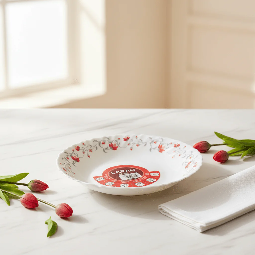 Larah Fluted White Opalware Soup Plate with Red Floral Design – 9 Inch - Image 2